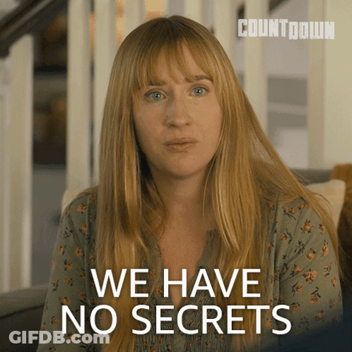 A Woman Sitting On A Couch With The Words We Have No Secrets Behind Her GIF