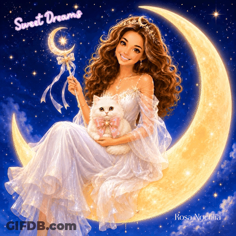 A Woman Sitting On A Crescent Moon Holding A Cat GIF