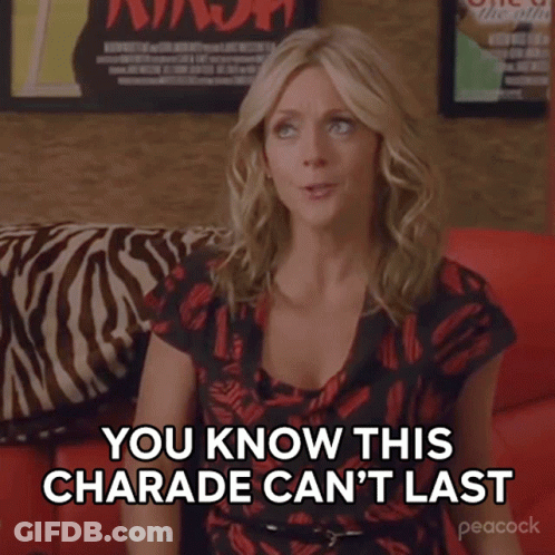 A Woman Sitting On A Red Couch Says You Know This Charade Can 'T Last GIF