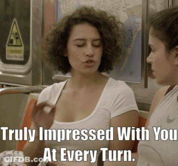 A Woman Sitting On A Subway Train With The Caption Truly Impressed With You At Every Turn GIF