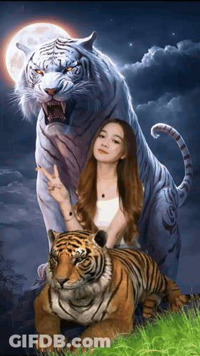 A Woman Sitting On A Tiger With A Full Moon In The Background GIF