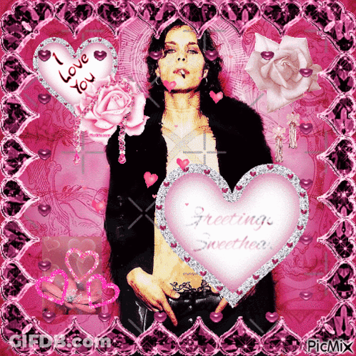 A Woman Smoking A Cigarette Surrounded By Pink Hearts With Greetings Sweetheart On It GIF