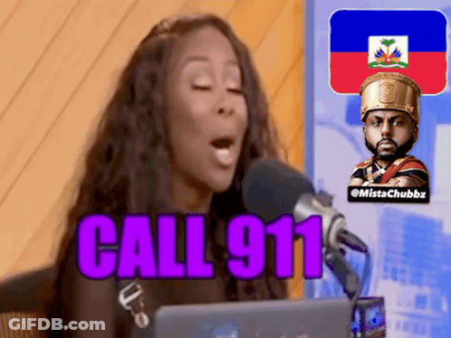 A Woman Speaking Into A Microphone With The Words Call 911 Written In Purple GIF