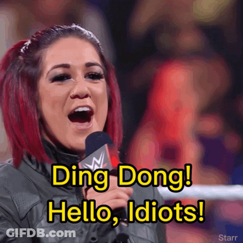 A Woman Speaking Into A Microphone With The Words Ding Dong Hello Idiots GIF