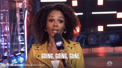 A Woman Speaking Into A Microphone With The Words Going Going Gone Behind Her GIF
