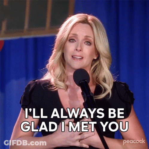 A Woman Speaking Into A Microphone With The Words I 'Ll Always Be Glad I Met You GIF