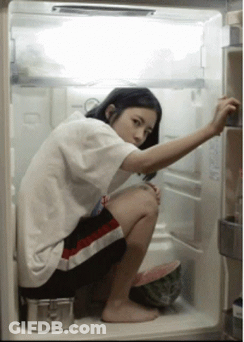 A Woman Squatting In An Open Refrigerator With A Watermelon In The Fridge GIF