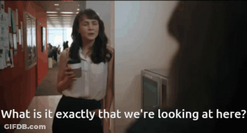 A Woman Standing In A Hallway With The Words " What Is It Exactly That We 'Re Looking At Here " Above Her GIF