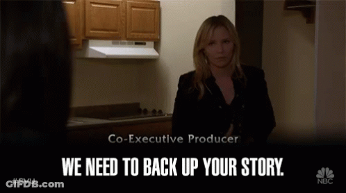 A Woman Standing In A Kitchen With The Words We Need To Back Up Your Story On The Bottom GIF