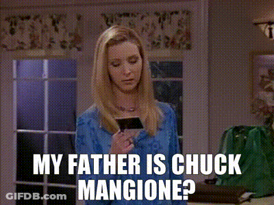 A Woman Standing In Front Of A Door With The Words My Father Is Chuck Mangione GIF