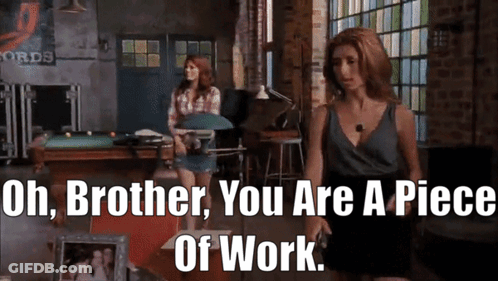 A Woman Standing In Front Of A Pool Table With The Words Oh Brother You Are A Piece Of Work Below Her GIF