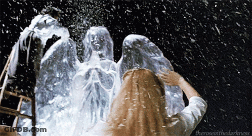 A Woman Standing In Front Of A Statue With The Words " Theroseinthedarkness " On The Bottom Right GIF