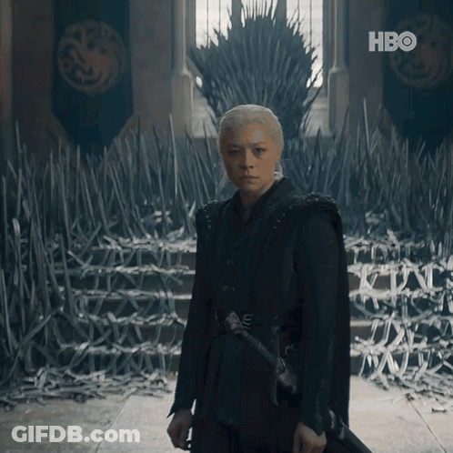 A Woman Standing In Front Of A Throne With Hbo Written On The Bottom Right GIF