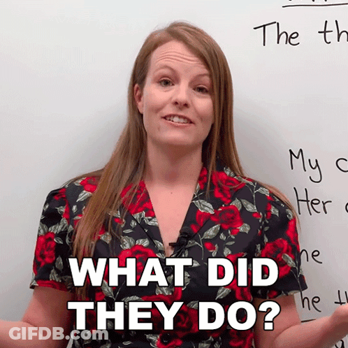 A Woman Standing In Front Of A White Board With The Words What Did They Do Written On It GIF