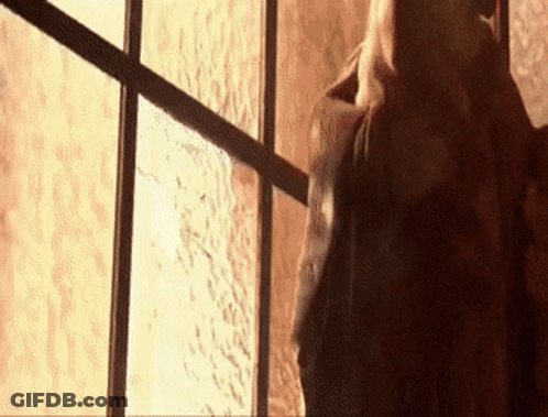 A Woman Standing In Front Of A Window Looking Out At The Sun GIF