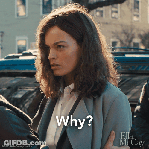 A Woman Standing Next To A Car With The Words Why On The Bottom GIF