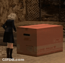 A Woman Standing Next To A Cardboard Box That Says Love Pack On It GIF