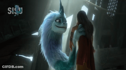 A Woman Standing Next To A Cartoon Dragon With Sisu Written On The Bottom GIF
