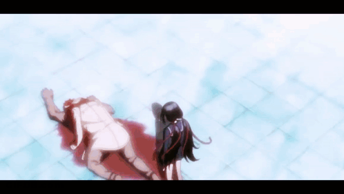 A Woman Standing Next To A Dead Body With Blood On The Floor GIF