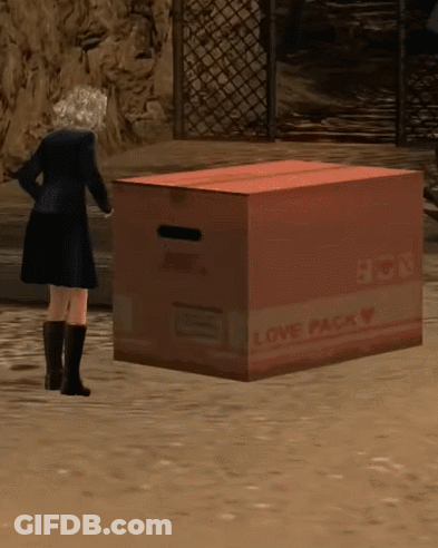 A Woman Standing Next To A Large Box That Says Love Pack GIF