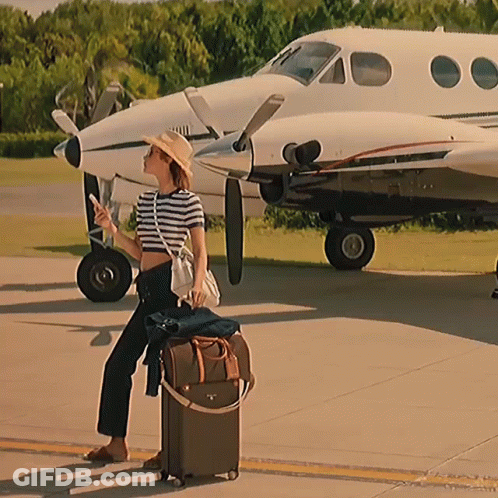 A Woman Standing Next To A Suitcase And A Small Plane GIF