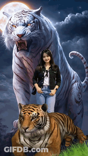 A Woman Standing Next To A Tiger With A Full Moon Behind Her GIF