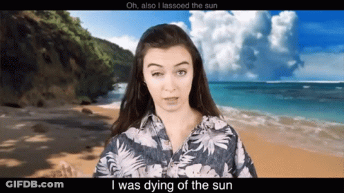 A Woman Standing On A Beach With The Words " Oh Also I Lassoed The Sun " Below Her GIF