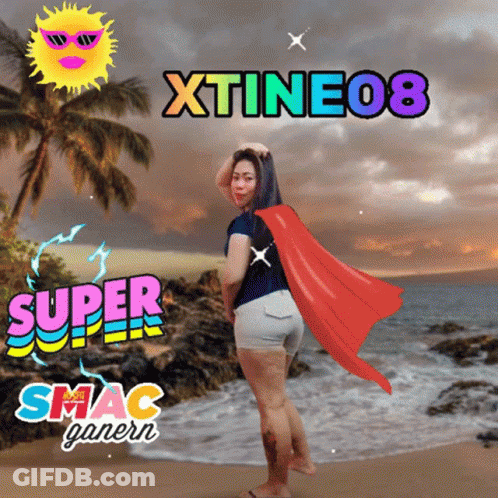 A Woman Standing On A Beach With The Words Super Smac Ganern GIF