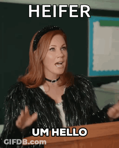 A Woman Stands At A Podium With The Words Heifer Um Hello Below Her GIF