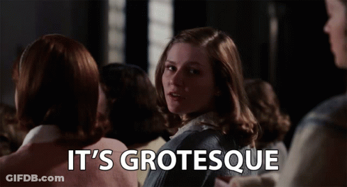A Woman Stands In A Crowd With The Words " It 'S Grotesque " Above Her GIF