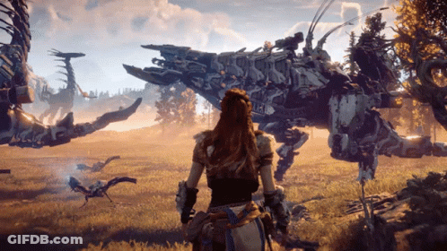 A Woman Stands In A Field Looking At A Robot That Says ' Horizon Zero Dawn ' On The Side GIF