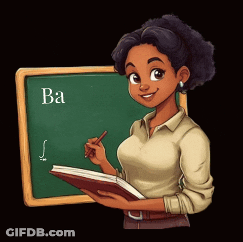 A Woman Stands In Front Of A Blackboard That Says Ba On It GIF