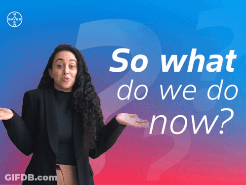 A Woman Stands In Front Of A Blue And Pink Background With The Words So What Do We Do Now GIF
