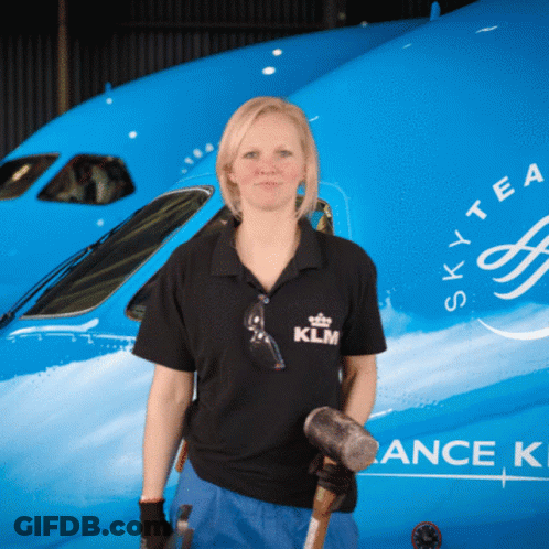 A Woman Stands In Front Of A Blue Sky Tea Plane GIF