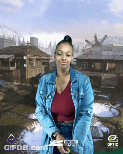 A Woman Stands In Front Of A Call Of Duty Background GIF