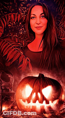 A Woman Stands In Front Of A Carved Pumpkin With A Face Carved Into It GIF