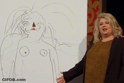 A Woman Stands In Front Of A Drawing Of A Woman GIF