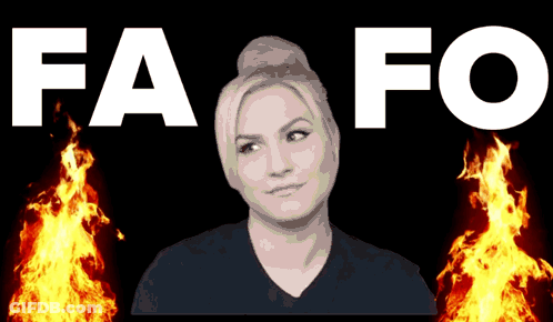 A Woman Stands In Front Of A Fire With The Words Fa Fo Behind Her GIF