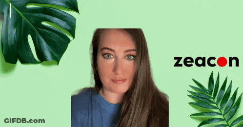A Woman Stands In Front Of A Green Background With The Word Zeacon GIF