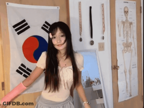 A Woman Stands In Front Of A Korean Flag And A Skeleton Poster GIF