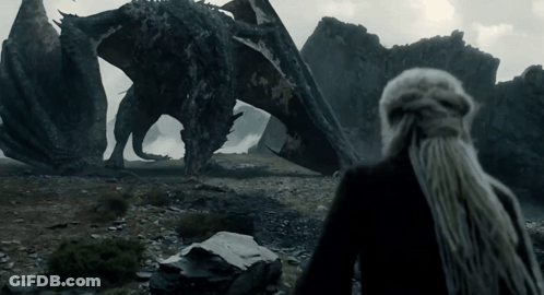A Woman Stands In Front Of A Large Dragon With Its Wings Spread GIF