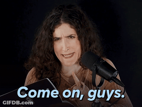 A Woman Stands In Front Of A Microphone With The Words Come On Guys Above Her GIF