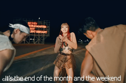 A Woman Stands In Front Of A Neon Sign That Says Money Rule Master But Cent Servant GIF