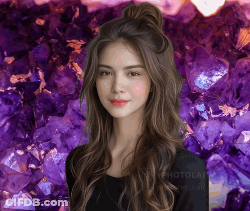 A Woman Stands In Front Of A Purple Background That Says Photolab On It GIF