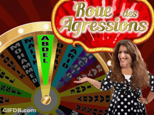 A Woman Stands In Front Of A Roulette Wheel That Says " Roue Des Agressions " GIF