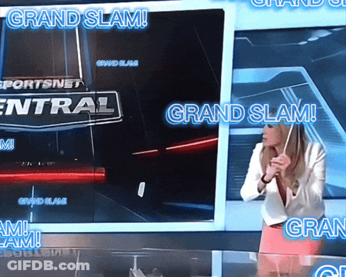 A Woman Stands In Front Of A Screen With The Words Grand Slam On It GIF
