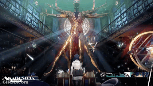 Woman In Front Of Statue In Akademia Video Game GIF