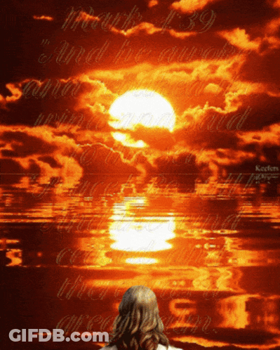 A Woman Stands In Front Of A Sunset With The Bible Verse Mark 4:39 On The Bottom GIF
