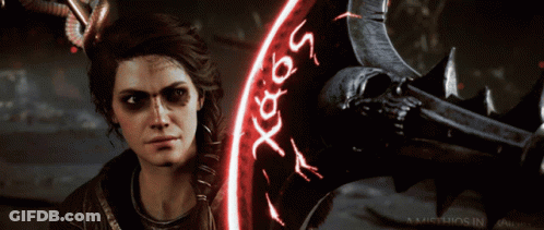 A Woman Stands In Front Of A Sword With A Red Circle Around It That Says Xo65 GIF