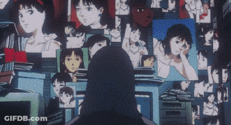 A Woman Stands In Front Of A Wall Full Of Anime Images GIF